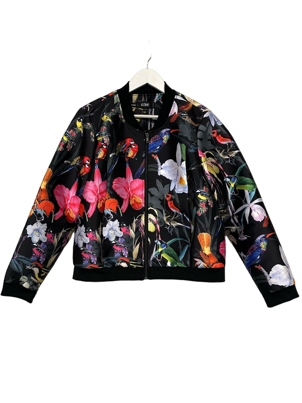 Icône Bird Print Bomber Jacket Large Floral Tropical Sateen Zip Front Statement